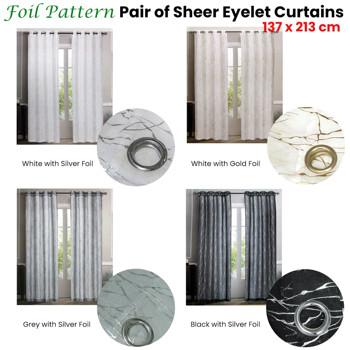 Pair of Sheer Eyelet Curtains Grey with Silver Foils 137 x 213 cm