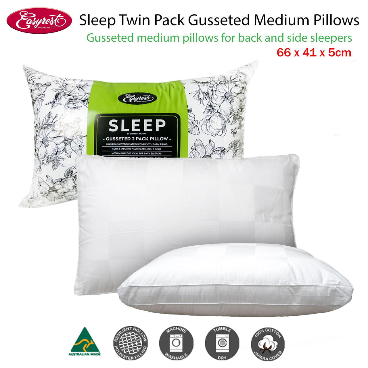 Easyrest Sleep Twin Pack Gusseted Medium Standard Pillows