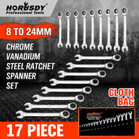 Thumbnail for 17Pc Ratchet Spanner Set Metric Combination Wrenches Open End Ring CR-V 8-24mm