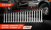 Thumbnail for 17Pc Ratchet Spanner Set Metric Combination Wrenches Open End Ring CR-V 8-24mm