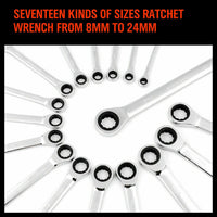 Thumbnail for 17Pc Ratchet Spanner Set Metric Combination Wrenches Open End Ring CR-V 8-24mm