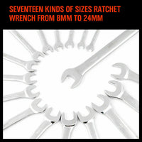 Thumbnail for 17Pc Ratchet Spanner Set Metric Combination Wrenches Open End Ring CR-V 8-24mm