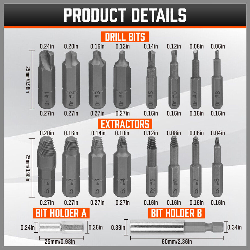 18x Magnetic Damaged Screw Extractor Set Broken Drill Bit Remover Kit Hex Crv