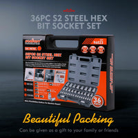 Thumbnail for 36-Piece Hex Bit Socket Set, SAE and Metric Sizes, S2 Steel Hex Bits, Chrome Vanadium Steel Sockets and Adapters with Storage Case