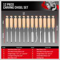 Thumbnail for 12Pc Wood Carving Chisel Set Knife High Carbon Steel Woodworking Rolling Pouch