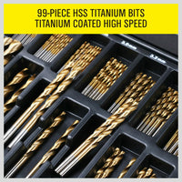 Thumbnail for 99Pc Drills Set HSS Titanium Coated Wood Plastic Metal Metric 1.5-10mm With Case