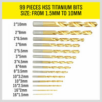 Thumbnail for 99Pc Drills Set HSS Titanium Coated Wood Plastic Metal Metric 1.5-10mm With Case