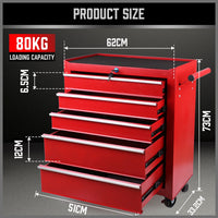 Thumbnail for Blue 5 Drawer Tool Box Trolley Cabinet Storage Cart Garage Toolbox Organiser Set