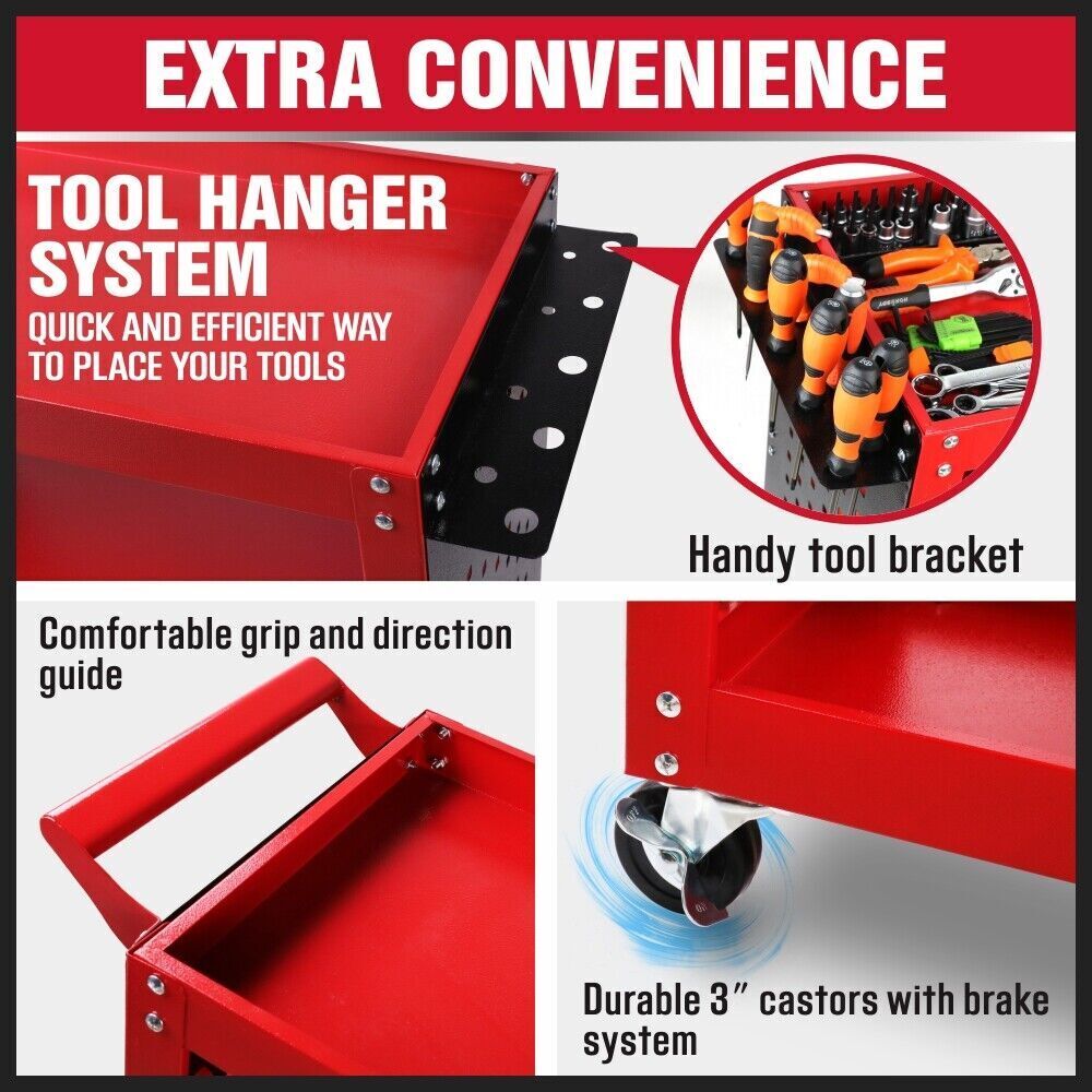 Red 3-Tier Tool Cart Storage Trolley Toolbox Workshop Garage Organiser 150kg Red