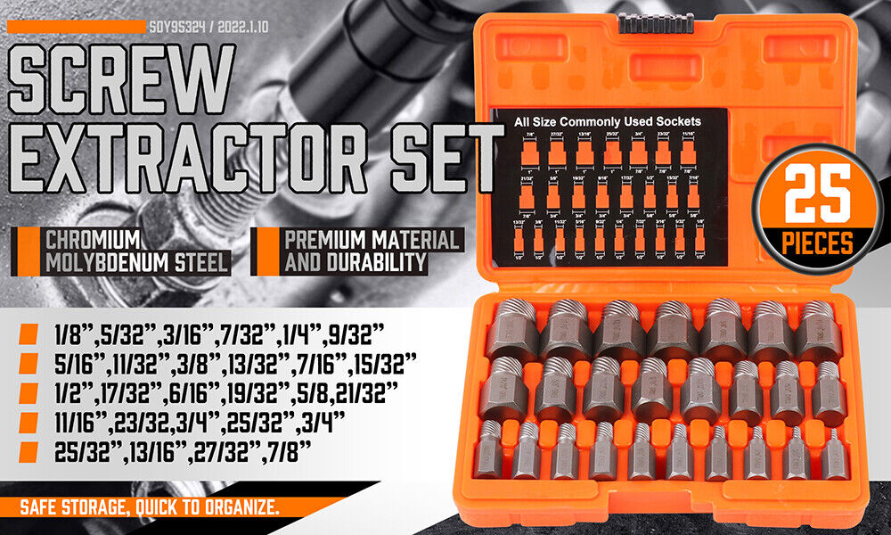 25Pc Screw Extractor Set Multi-Spline Easy Out Broken Bolt Remover Tool Hex Head