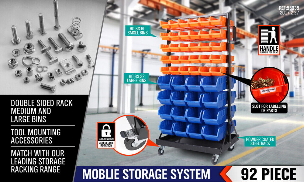 92-Piece Bin Mobile Garage Storage Bin Rack Heavy-Duty Tool Organizer with Swivel Wheels