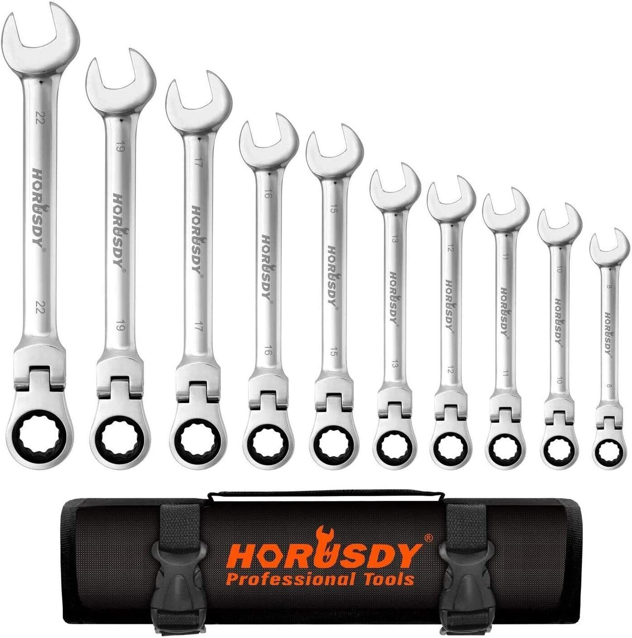 10Pc Flexible Head Ratchet Spanner Set Metric Wrench CRV With Carry Pouch 8-22MM