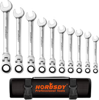 Thumbnail for 10Pc Flexible Head Ratchet Spanner Set Metric Wrench CRV With Carry Pouch 8-22MM