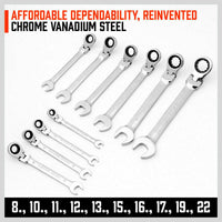 Thumbnail for 10Pc Flexible Head Ratchet Spanner Set Metric Wrench CRV With Carry Pouch 8-22MM