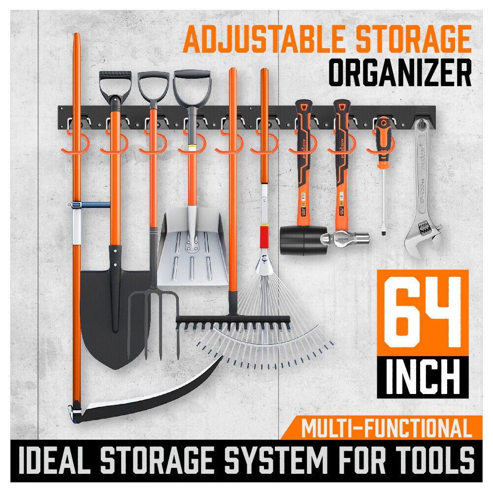 64" Wall Mount Tool Hanger Garden Storage Organizer Mop Broom Holder Hook Pegs