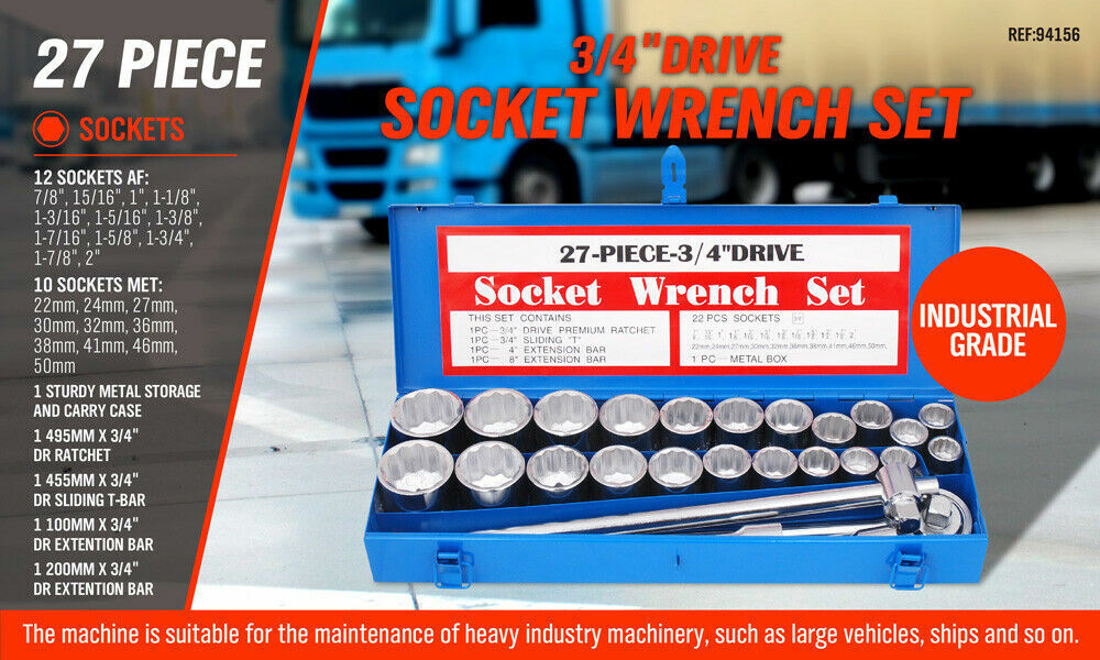 27Pc Heavy Duty Socket Wrench Set 3/4" Drive Metric & Imperial Extension Case