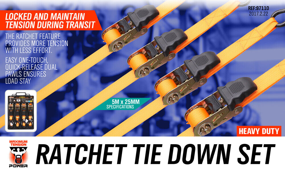 4Pc Ratchet Tie Down Strap Set 25mm x 5m Heavy Duty 500kg Capacity Commercial