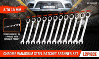 Thumbnail for 12Pc Ratchet Spanner Set Metric Open & Ring Wrenches 8-19mm CR-V + Rolling Bag