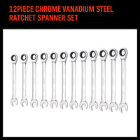 Thumbnail for 12Pc Ratchet Spanner Set Metric Open & Ring Wrenches 8-19mm CR-V + Rolling Bag