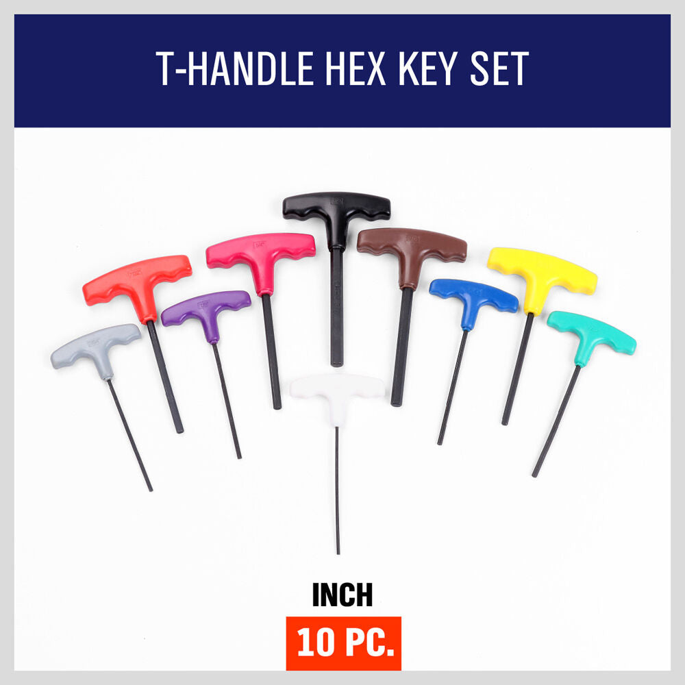 10-Piece T-Handle Hex Key Set, Allen Wrench SAE/Imperial Sizes 3/32"-3/8", Heat-Treated Steel with Color-Code Organizer Stand