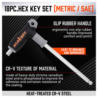 Thumbnail for 18-Piece T-Handle Hex Key Set, SAE/Imperial & Metric Sizes Allen Wrench Set Long Arm with Ball End