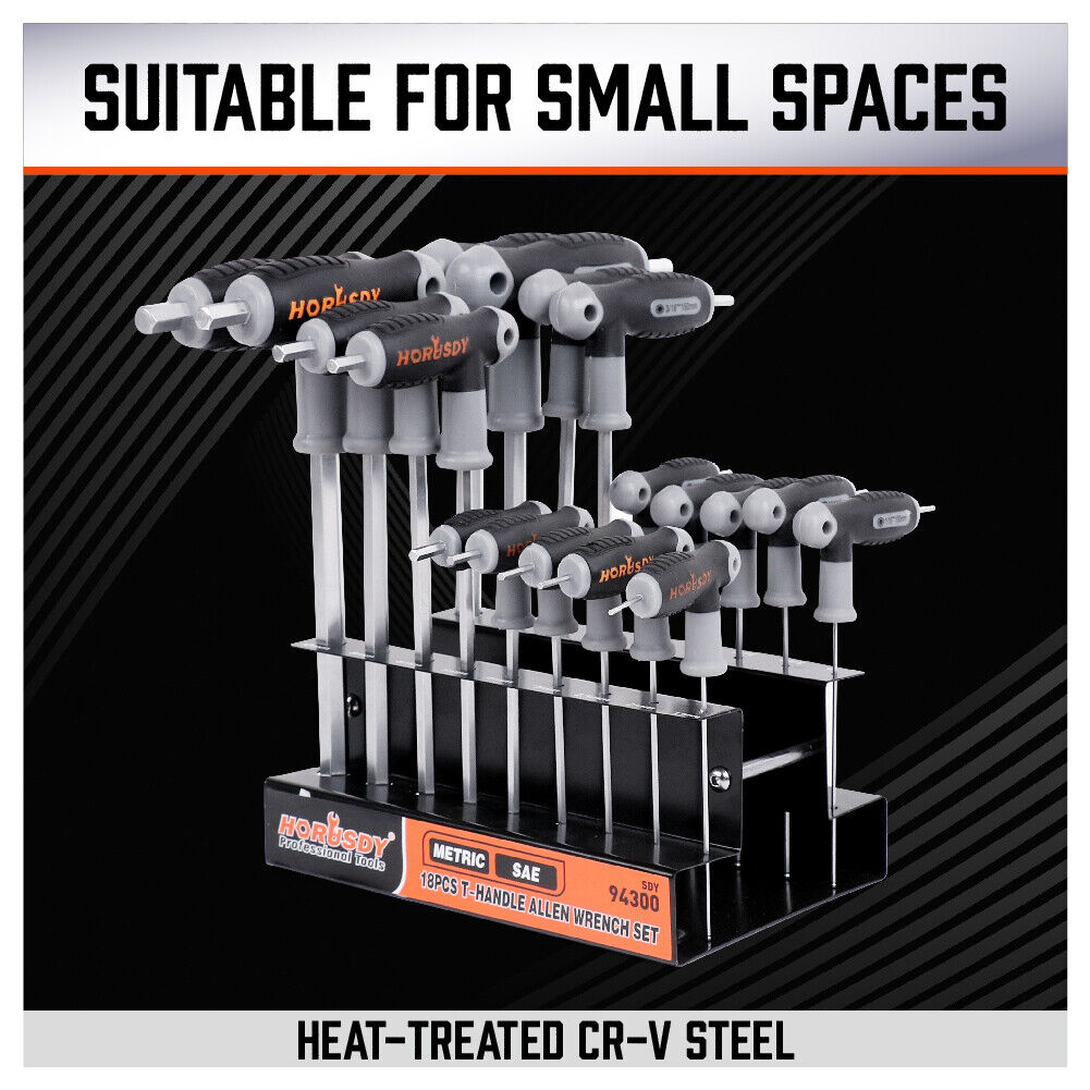 18-Piece T-Handle Hex Key Set, SAE/Imperial & Metric Sizes Allen Wrench Set Long Arm with Ball End