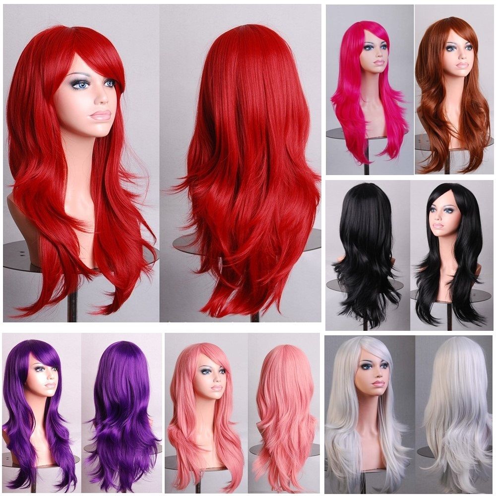 70cm Wavy Curly Sleek Full Hair Lady Wigs w Side Bangs Cosplay Costume Womens, Red