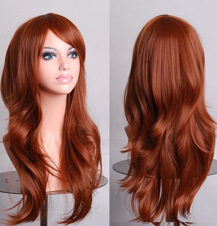 70cm Wavy Curly Sleek Full Hair Lady Wigs w Side Bangs Cosplay Costume Womens, Brown