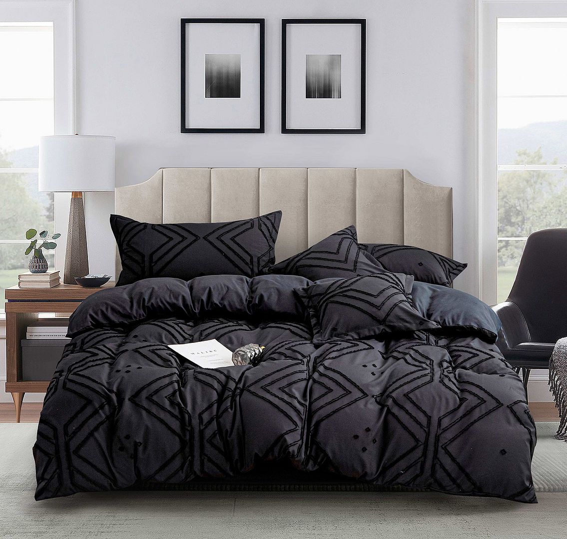 Tufted Textured Jacquard Super King Size Black Duvet Doona Quilt Cover Set