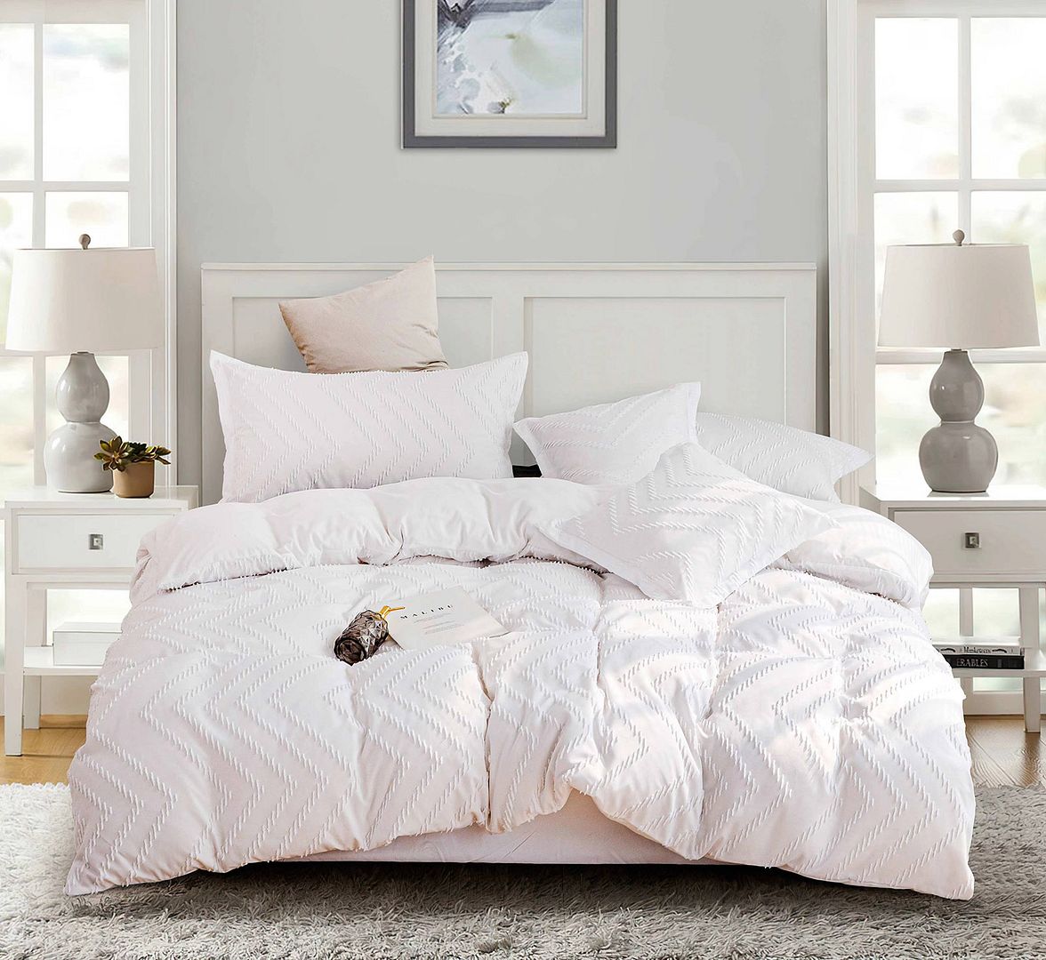 Tufted Boho Wave Jacquard Queen Size White Duvet Doona Quilt Cover Set