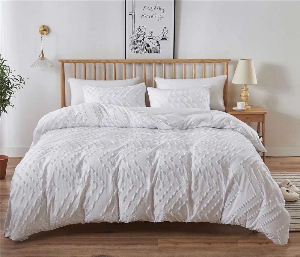 Tufted Boho Wave Jacquard Super King Size White Duvet Doona Quilt Cover Set