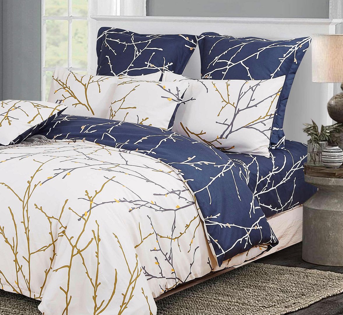 Tree Reversible King Size Bed Quilt/Doona/Duvet Cover Set Beige