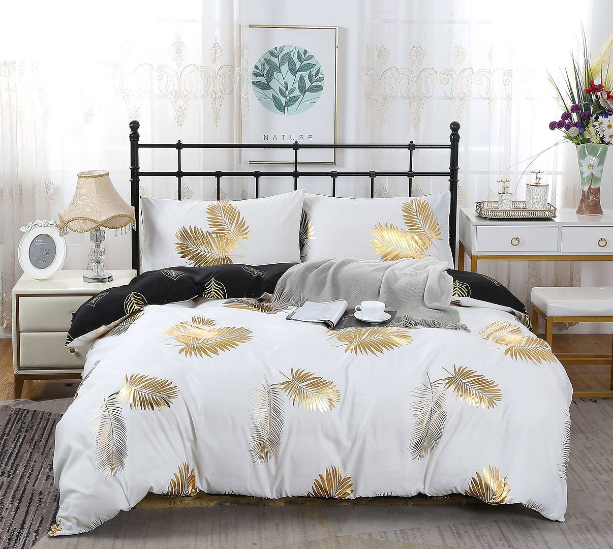 Reversible Design Queen Size Black Gold Duvet Doona Quilt Cover Set