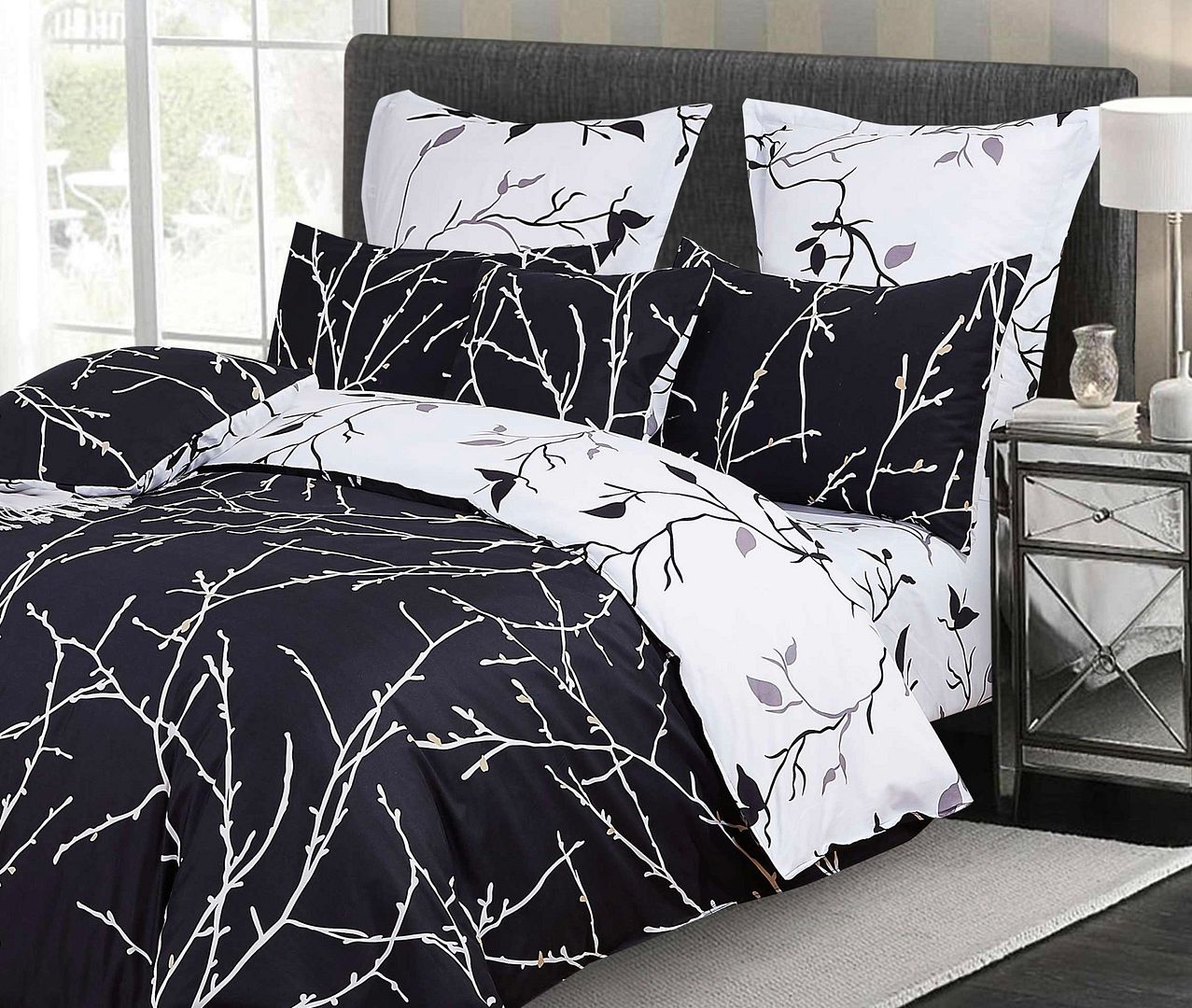 Tree Reversible Super King Size Bed Quilt/Doona/Duvet Cover Set Black