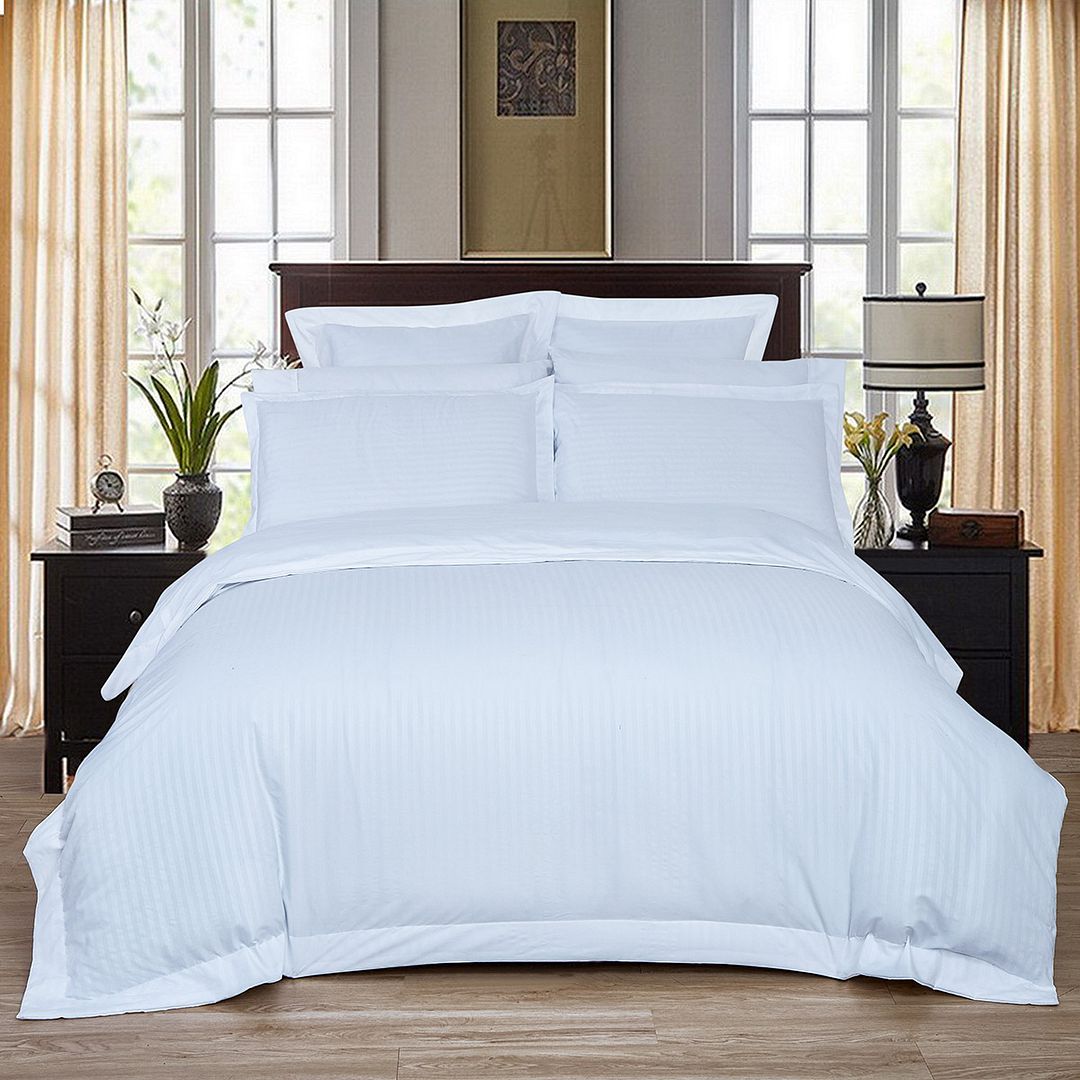 1000TC Ultra Soft Striped Queen Size White Duvet Doona Quilt Cover Set