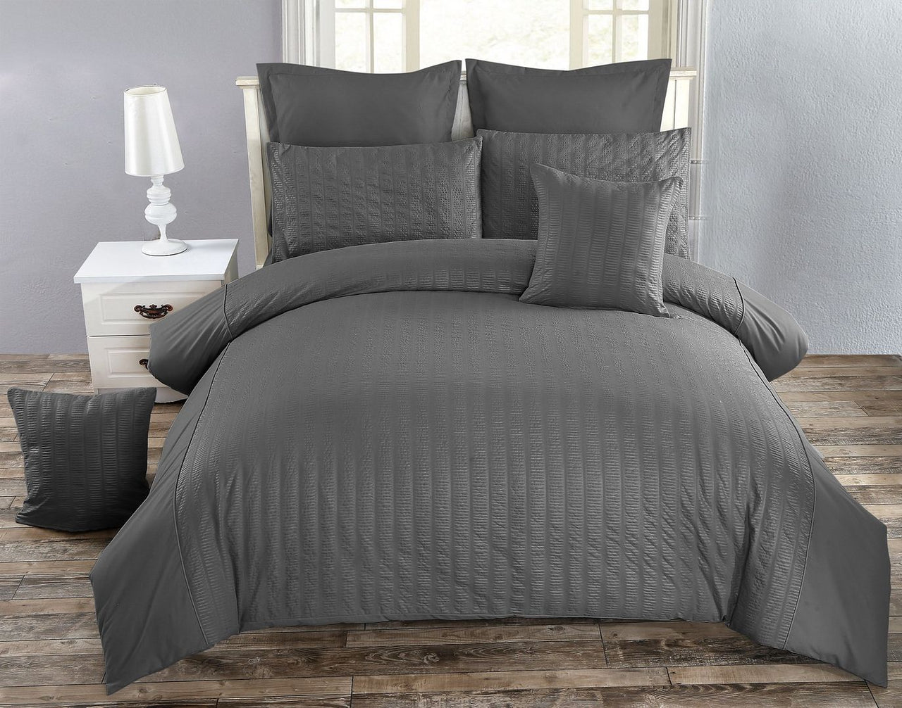 Seersucker Double Size Charcoal Duvet Doona Quilt Cover Set