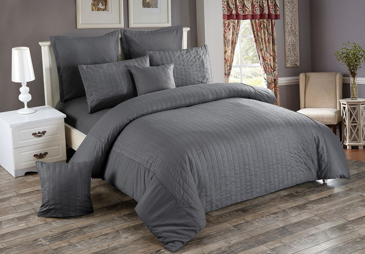 Seersucker Super King Size Charcoal Duvet Doona Quilt Cover Set