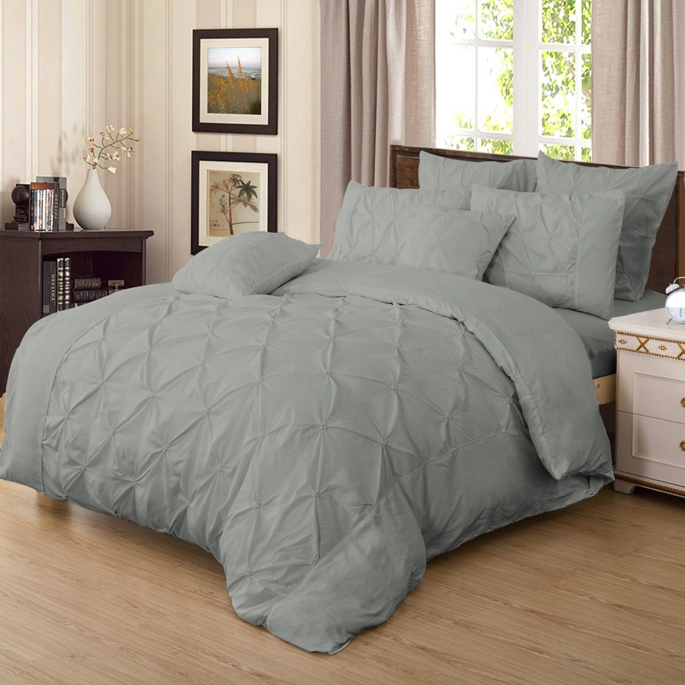 Diamond Pintuck Double Size Grey Duvet Doona Quilt Cover Set