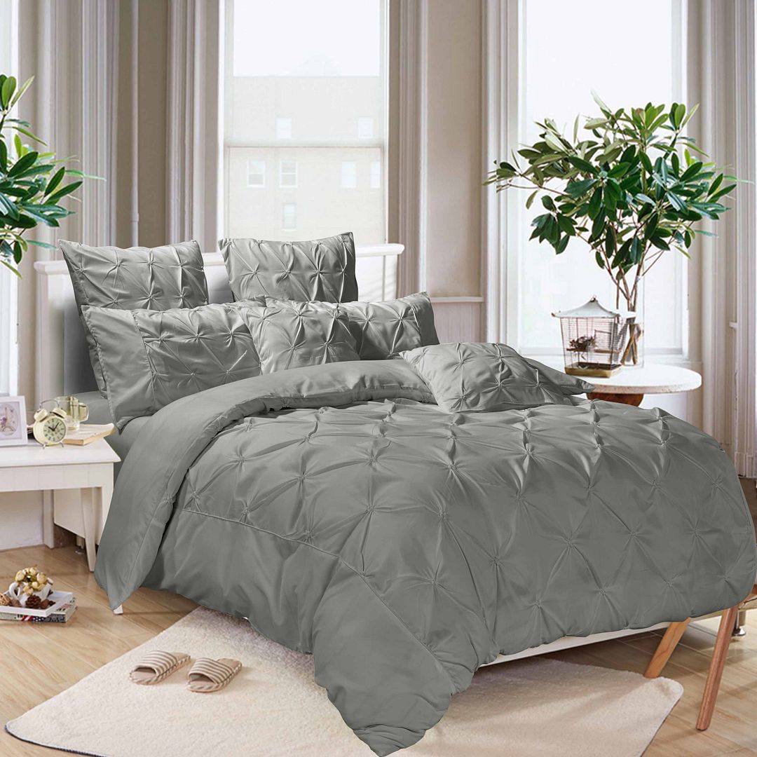 Diamond Pintuck Double Size Grey Duvet Doona Quilt Cover Set