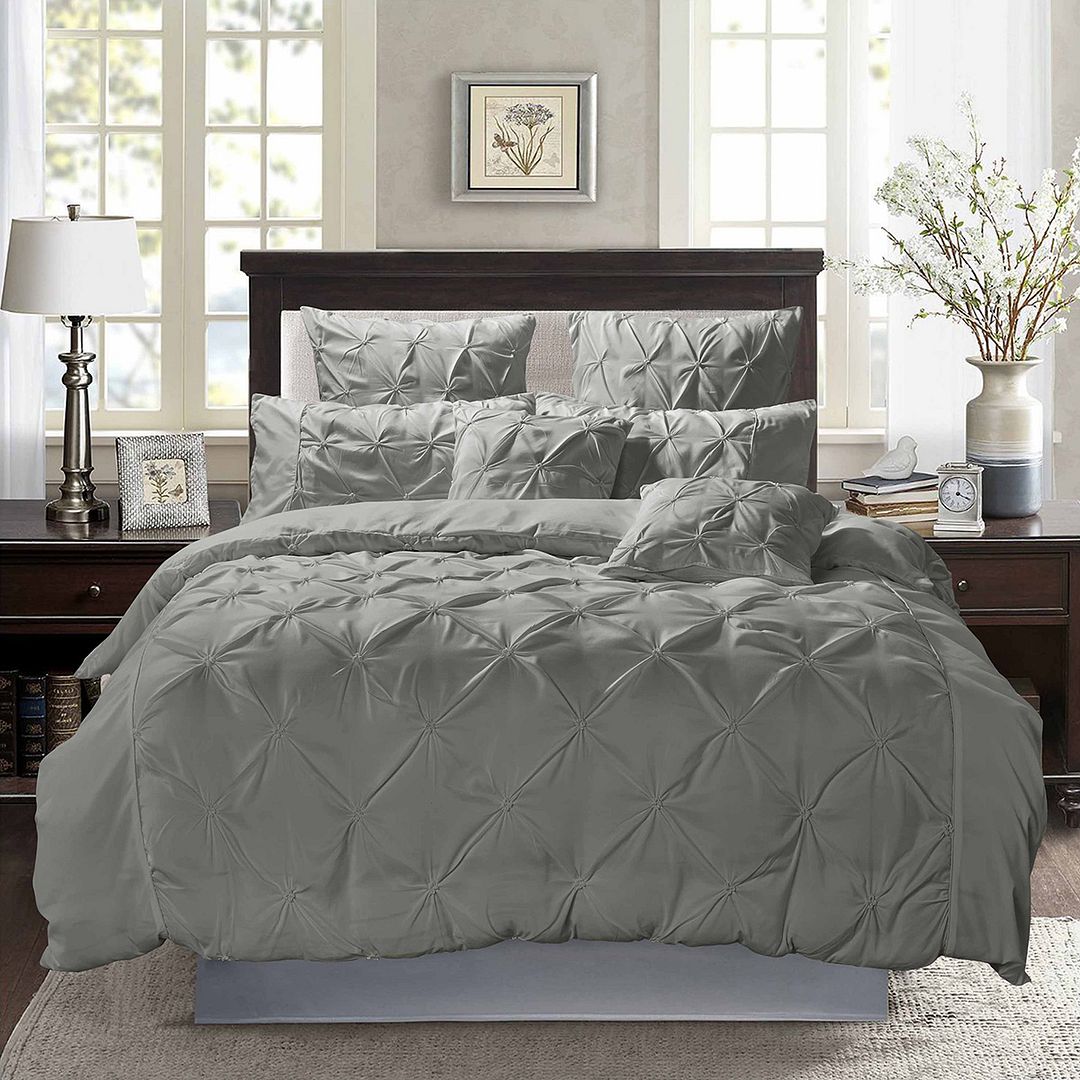 Diamond Pintuck Double Size Grey Duvet Doona Quilt Cover Set