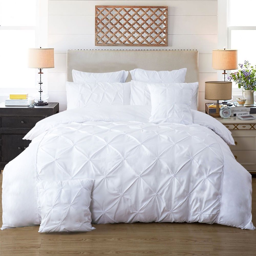 Diamond Pintuck Queen Size White Duvet Doona Quilt Cover Set