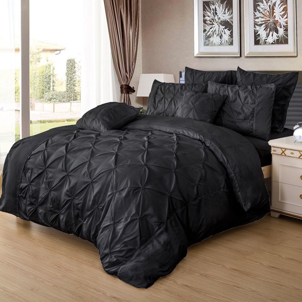 Diamond Pintuck Queen Size Black Duvet Doona Quilt Cover Set