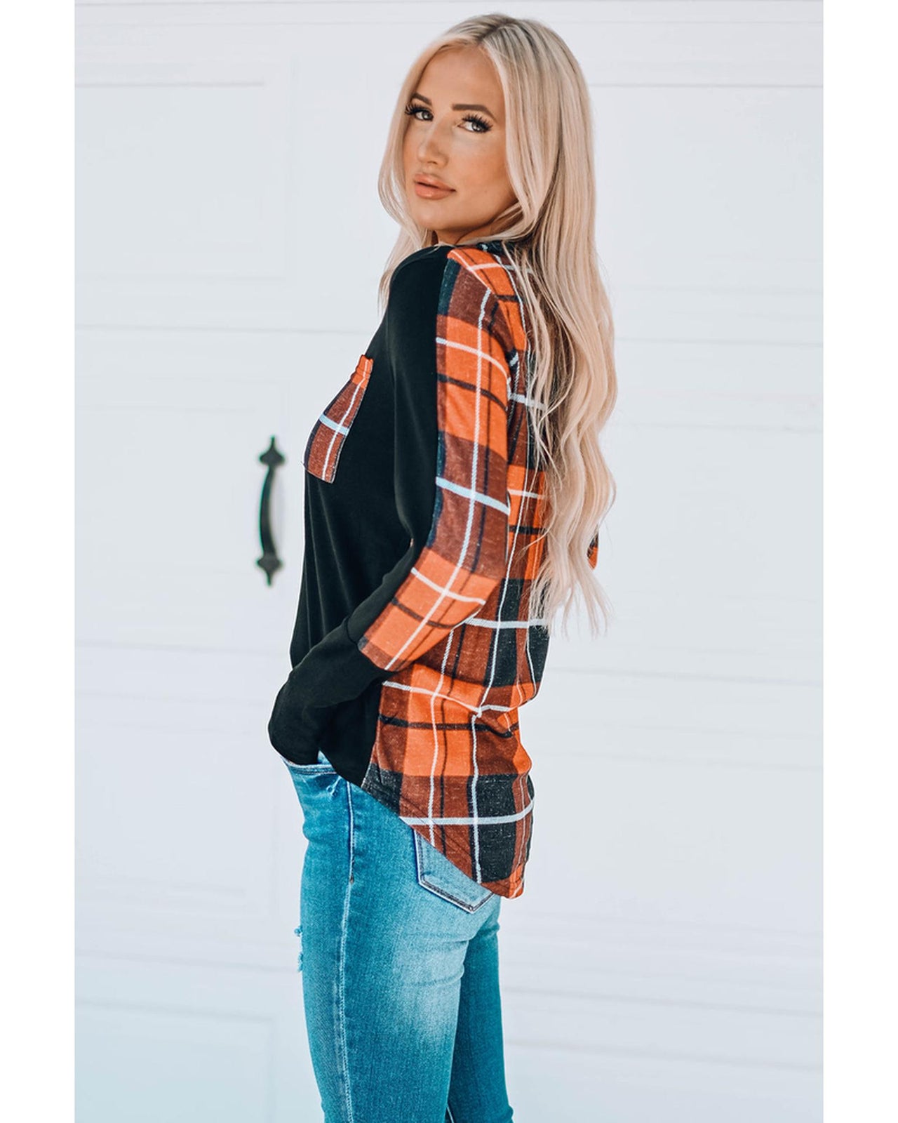 Azura Exchange Patchwork Plaid Long Sleeve Top - L