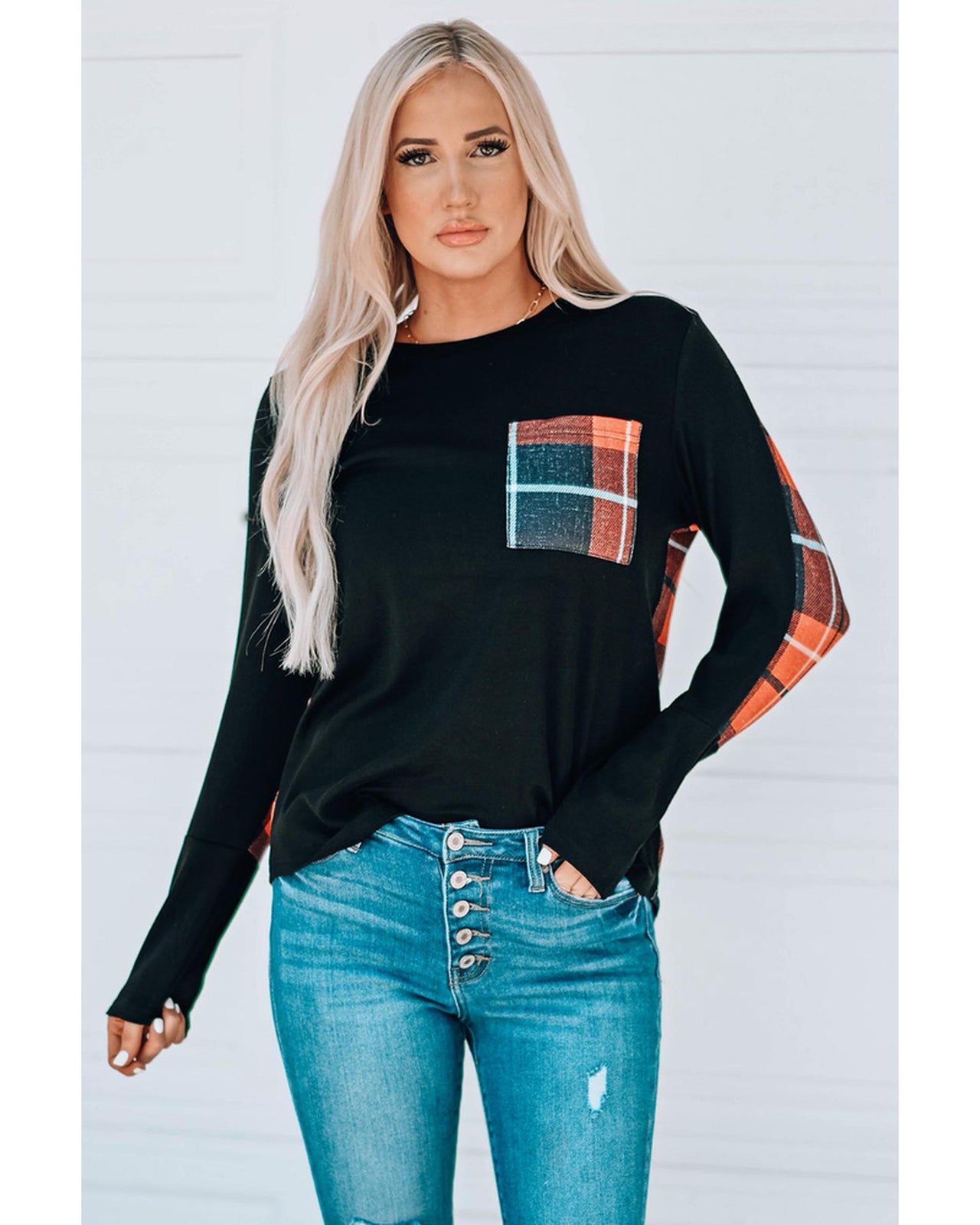 Azura Exchange Patchwork Plaid Long Sleeve Top - L