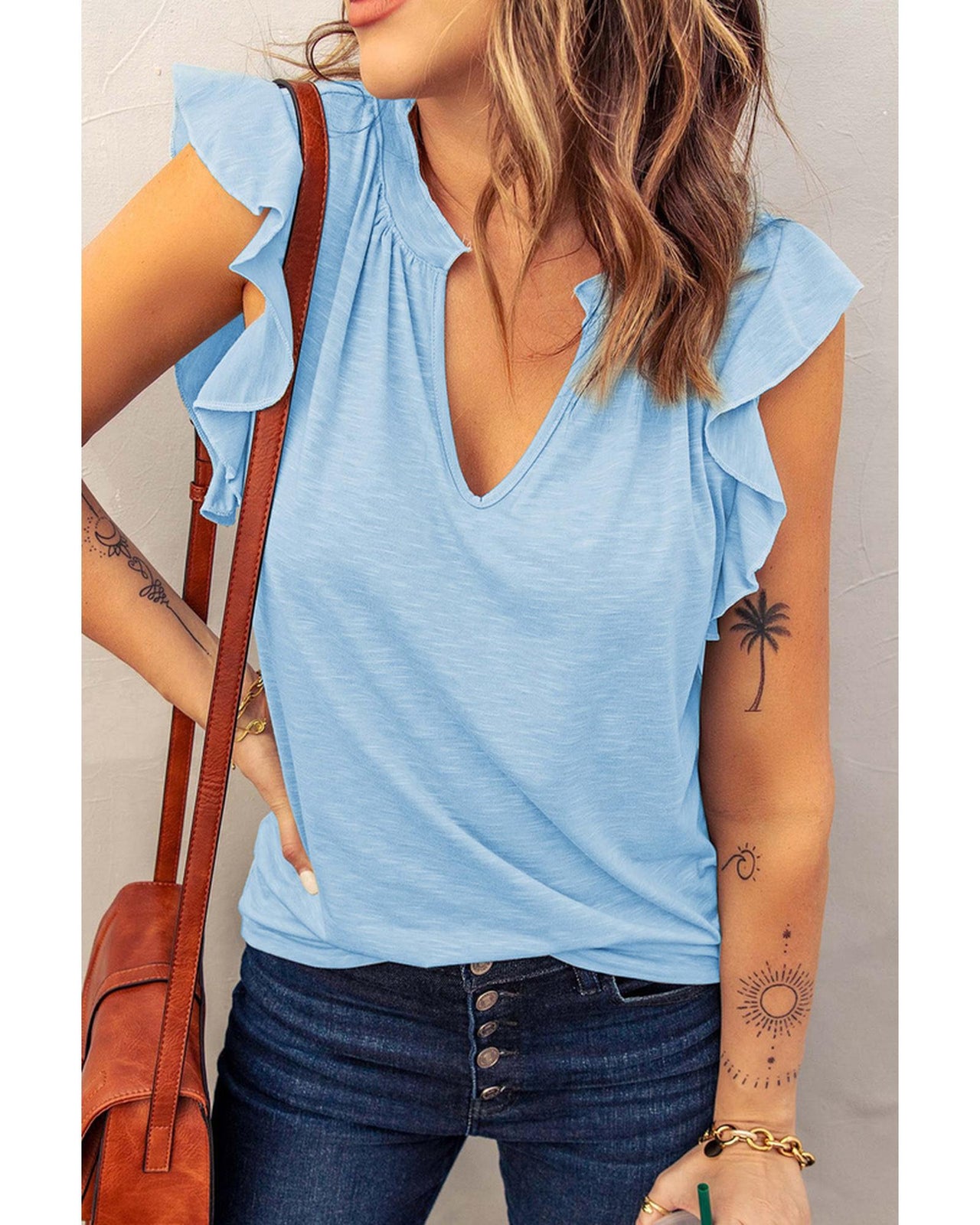 Azura Exchange Solid V Neck Butterfly Sleeve Tee - L