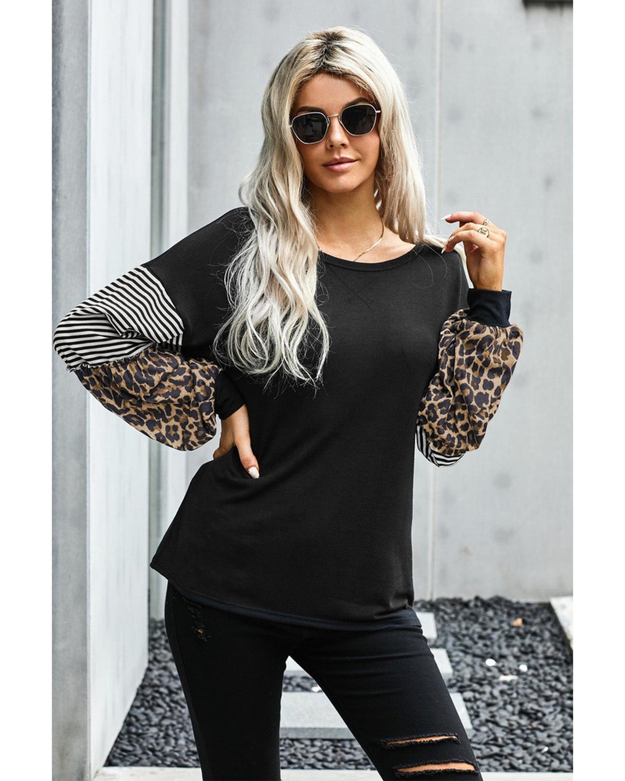 Azura Exchange Leopard Sleeve Colorblock Top - M