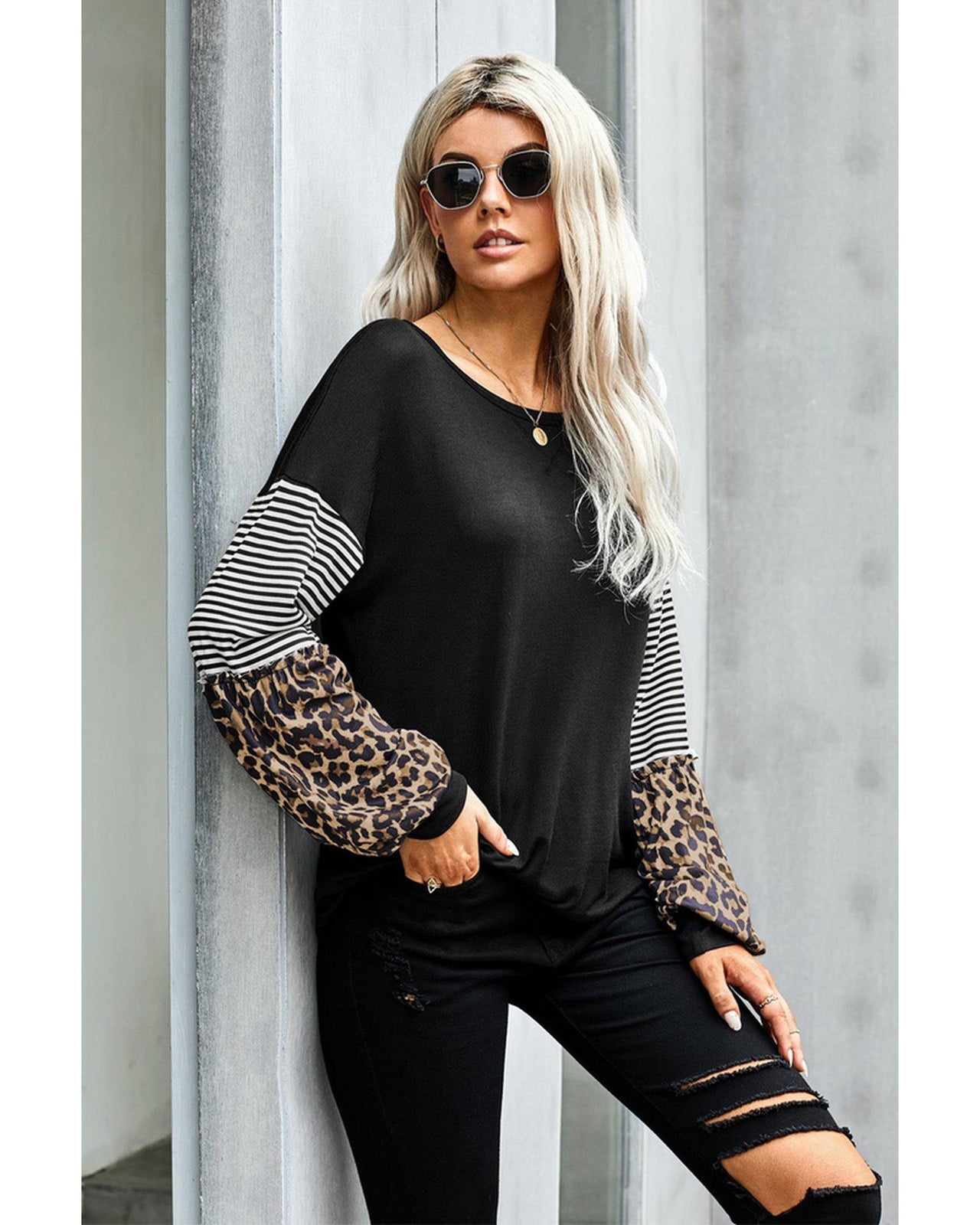 Azura Exchange Leopard Sleeve Colorblock Top - M