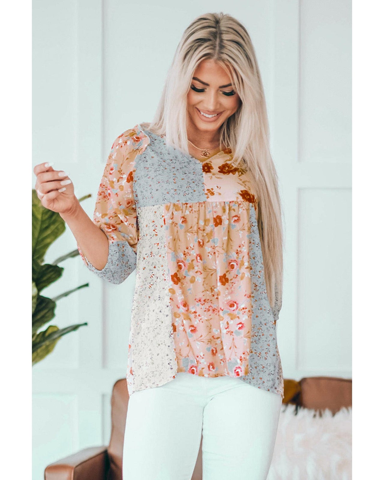 Azura Exchange Floral V-Neck Babydoll Top - S