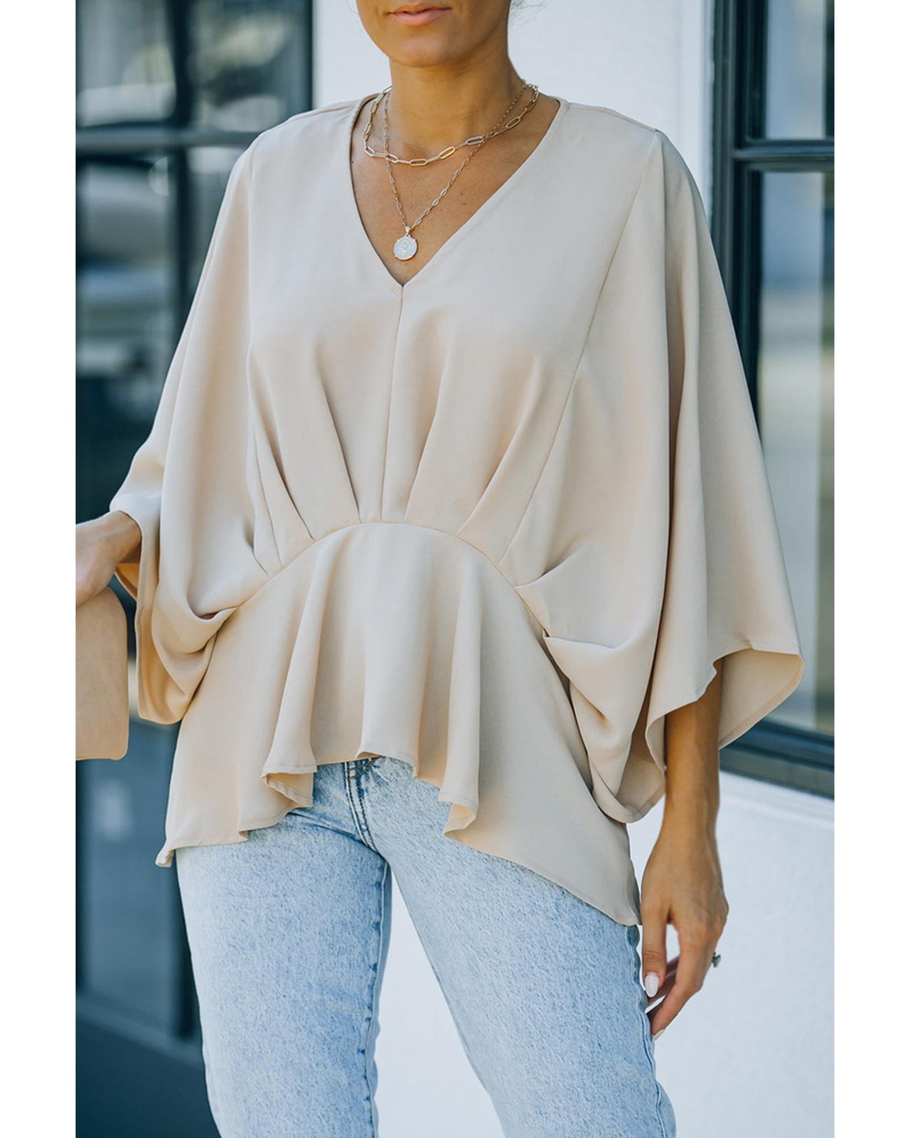 Azura Exchange Pleated Batwing Sleeve V Neck Blouse in 100% Polyester - M