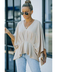 Thumbnail for Azura Exchange Pleated Batwing Sleeve V Neck Blouse in 100% Polyester - M